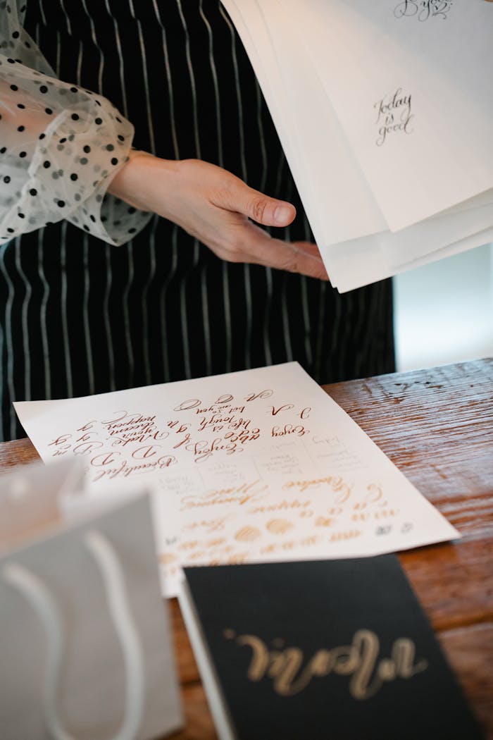 Elegantly styled calligraphy papers held by a person indoors, showcasing artistic penmanship.